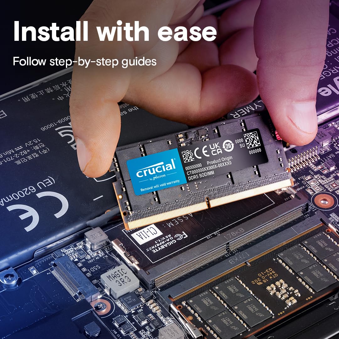 Crucial CT8G56C46S5 8GB DDR5 Laptop Memory | DDR5-5600 MT/s · PC5-44800 | CL46 · 1.1V | 262-Pin SO-DIMM · Non-ECC Unbuffered | Limited Lifetime Warranty