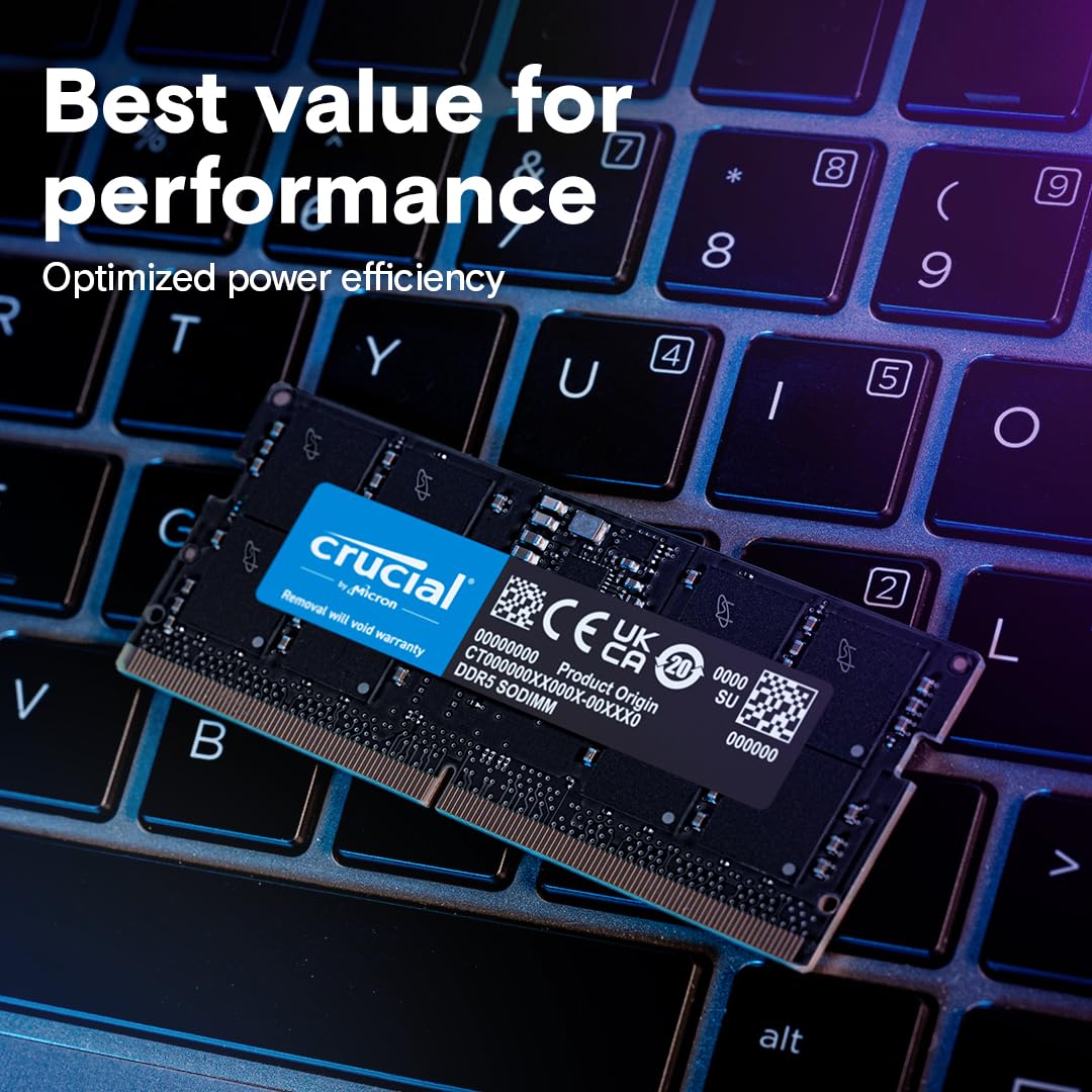 Crucial CT32G56C46S5 32GB DDR5 Laptop Memory | DDR5-5600 MT/s · PC5-44800 | CL46 · 1.1V | 262-Pin SO-DIMM · Non-ECC Unbuffered | Limited Lifetime Warranty