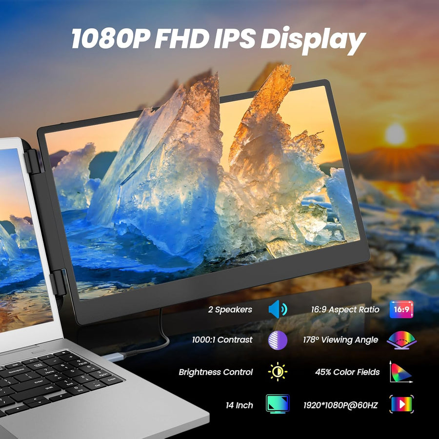 Domyfan S2 | 14" Triple Portable Monitor for Laptop | Dual FHD IPS Screen Extender | HDMI/USB-C/USB-A | Built-in Speakers | For 13.3"-17" Laptops