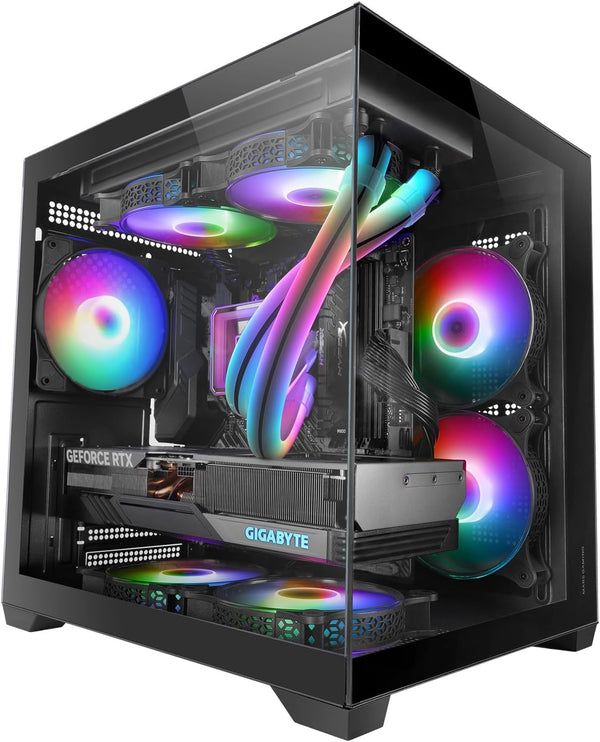 Mars Gaming MC-VIEW2, Gaming-Gehäuse MicroATX, Doppeltes Rahmenloses Gehärtetes Glas, 1x 120mm FRGB-Rücklüfter, Unterstützung für Flüssigkeitskühlu...