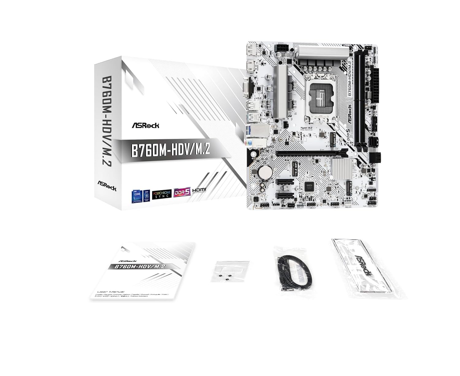 ASRock B760M-HDV/M.2 | Intel LGA 1700 Micro-ATX Motherboard | DDR5 7200+ | PCIe 4.0 | Hyper M.2 (Gen4) + Ultra M.2 | Triple Display Output | Dragon 2.5G LAN | For Intel 12th/13th/14th Gen | White/Black