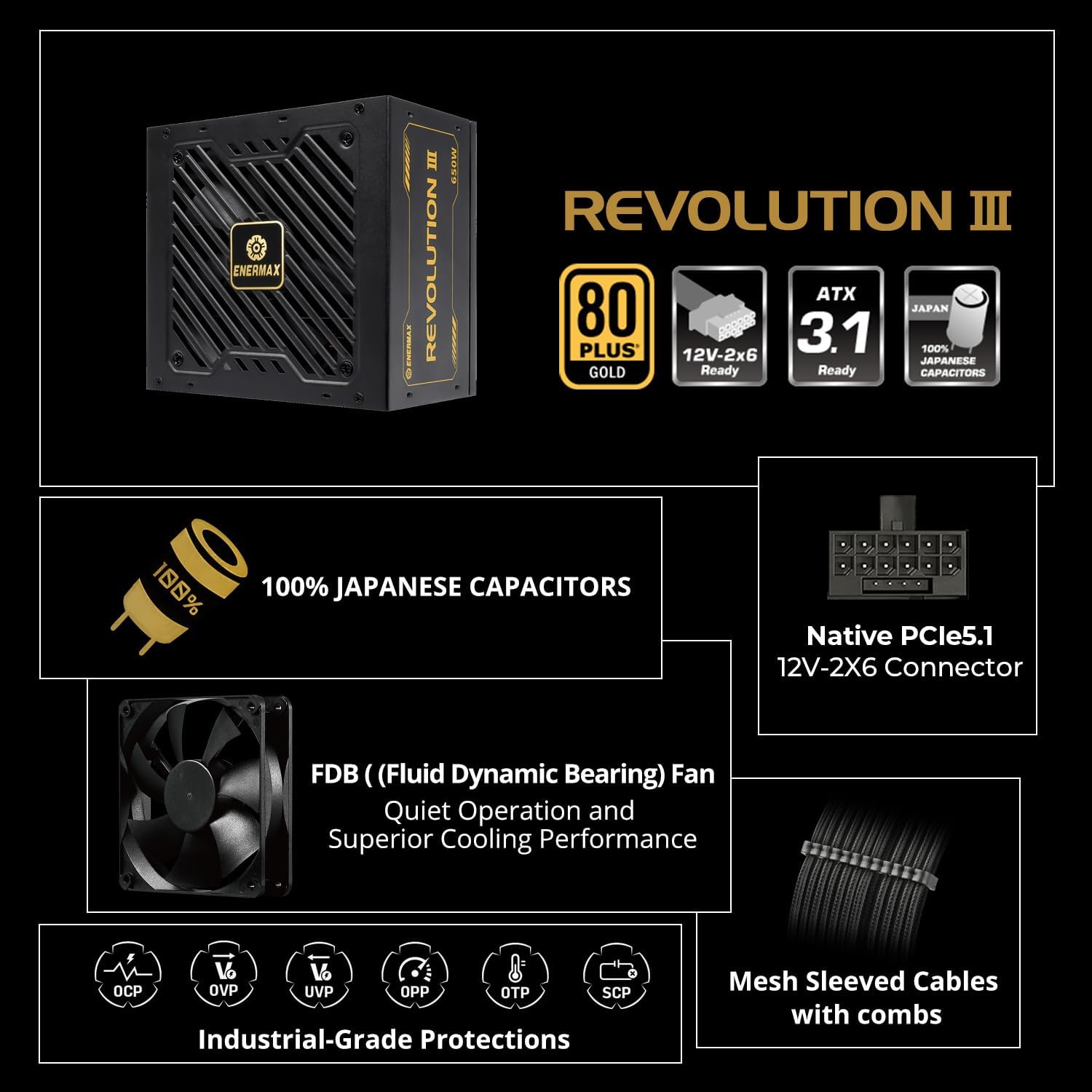 Enermax Revolution D.F.X 1050W | 80+ Gold Fully Modular ATX 3.0 + PCIe 5.0 Power Supply | Native 600W 12VHPWR Cable | 100% Japanese Capacitors | ARGB Side Panel (14 Modes) | Dust-Free Rotation Technology | 200% Power Excursion | For RTX 4090 / RTX 5090