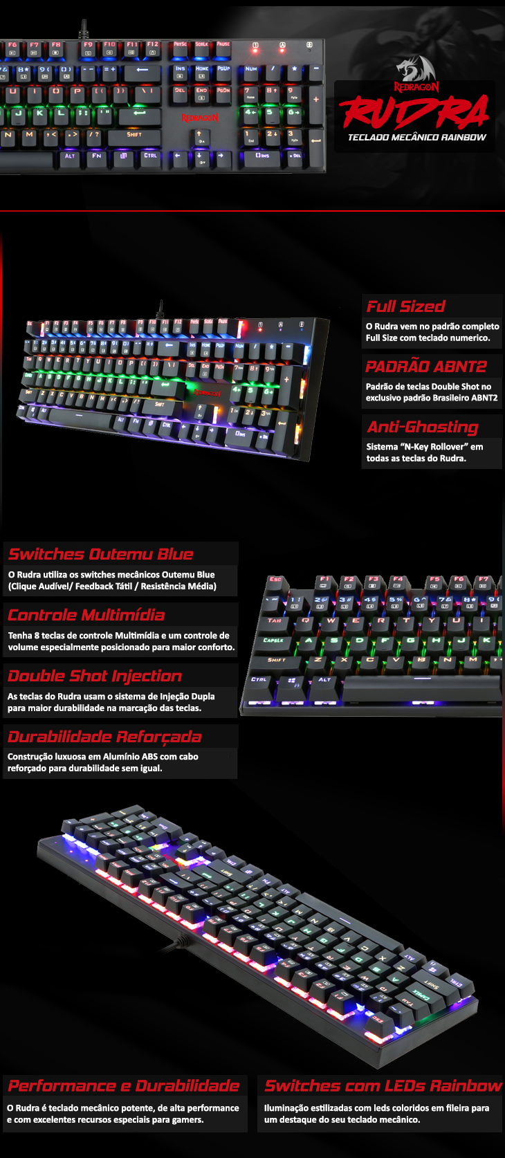 Redragon K565R RUDRA Mechanical Gaming Keyboard | Full-Size 104 Keys with Numpad | Rainbow LED Backlight | Full-Key Anti-Ghosting | Aluminium + ABS Frame | Spill-Proof Design | 12 Multimedia Keys | Gold-Plated USB | No Software Needed
