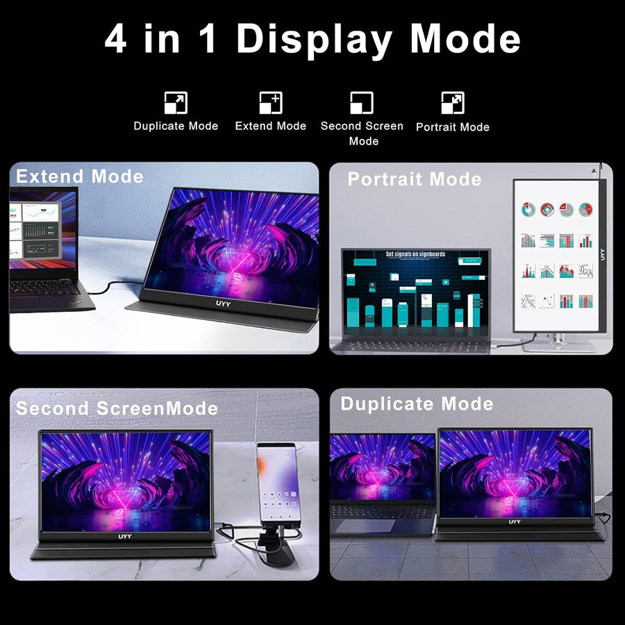 UYY 15.6 inch portable monitor display modes: extend, duplicate, second screen and portrait
