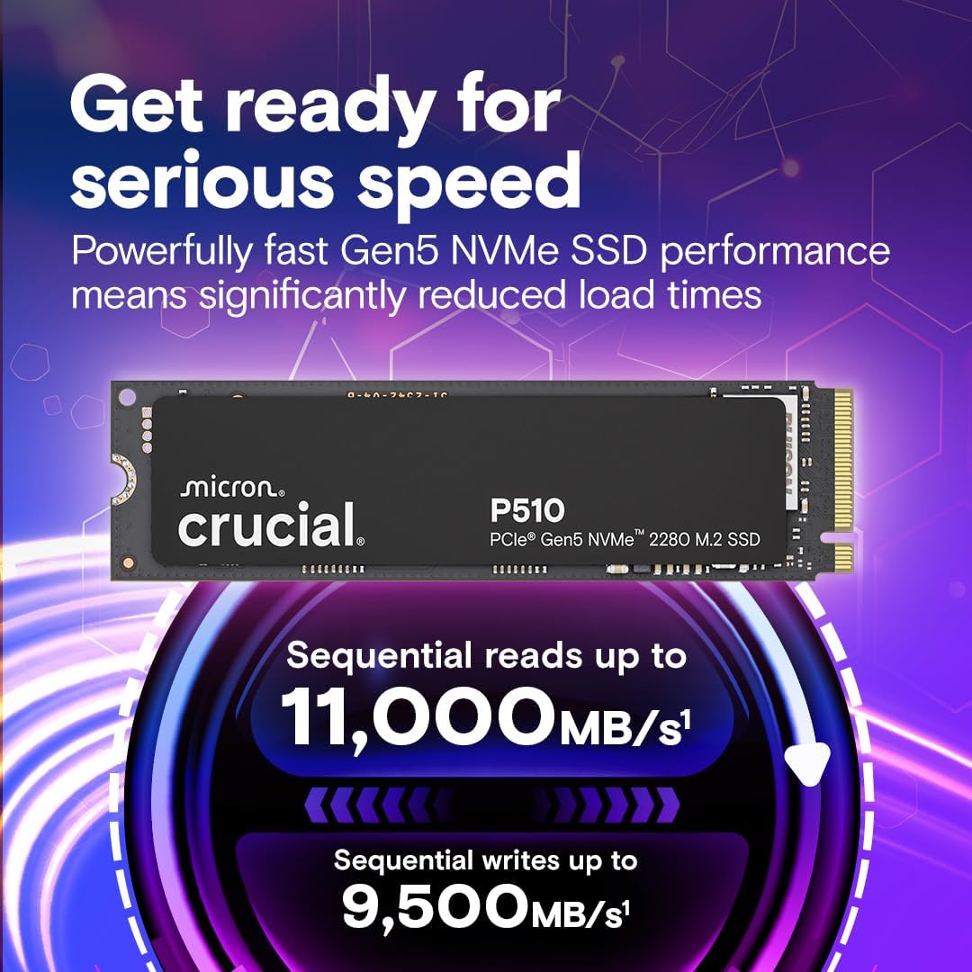 Crucial P510 1TB PCIe Gen5 NVMe SSD | PCIe 5.0 x4 · M.2 2280 | 11,000MB/s read · 9,500MB/s write | Micron G9 TLC NAND · 600TBW | 5-year limited warranty
