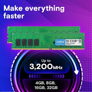Crucial DDR4 64GB Kit (2x32GB) Green | 3200MHz CL22 | JEDEC Standard | 1.2V Low Voltage | Dual Rank 2Rx8 | 288-Pin UDIMM | Universal Compatibility | Auto-Downclock to 2933/2666MHz | Massive Capacity Workstation Memory