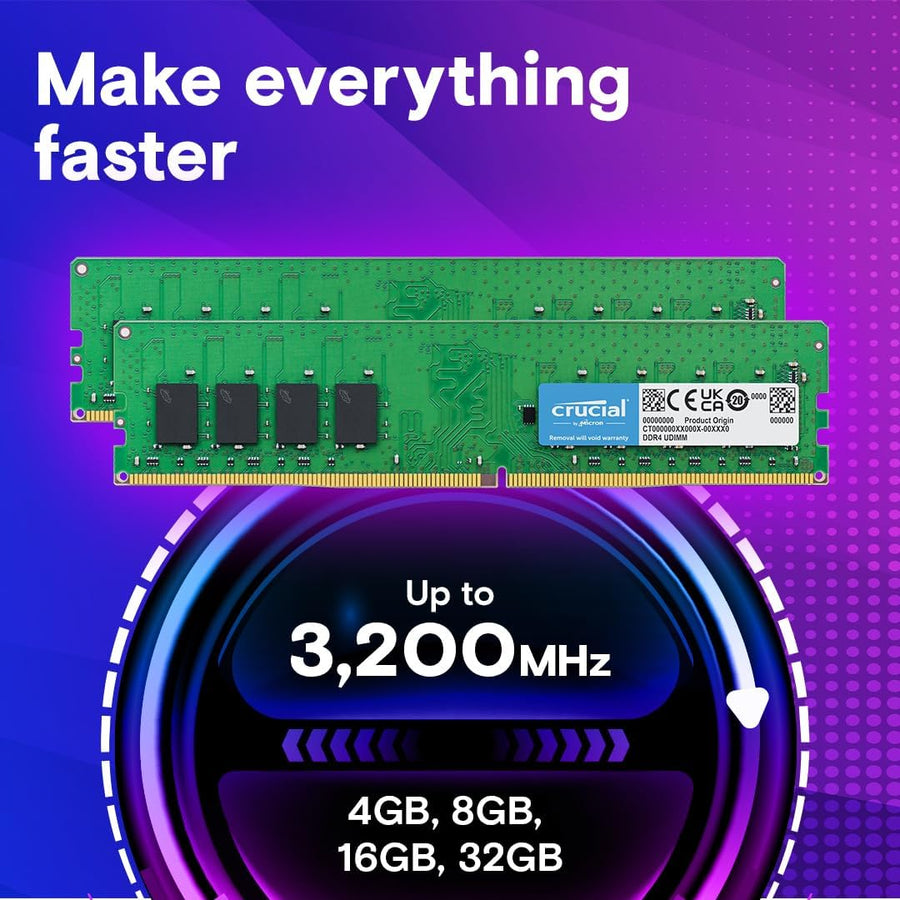 Crucial DDR4 64GB Kit (2x32GB) Green | 3200MHz CL22 | JEDEC Standard | 1.2V Low Voltage | Dual Rank 2Rx8 | 288-Pin UDIMM | Universal Compatibility | Auto-Downclock to 2933/2666MHz | Massive Capacity Workstation Memory
