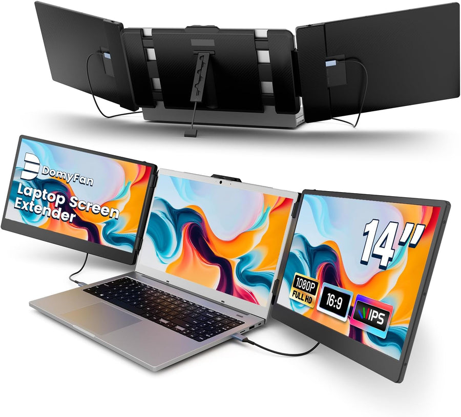Domyfan S2 | 14" Triple Portable Monitor for Laptop | Dual FHD IPS Screen Extender | HDMI/USB-C/USB-A | Built-in Speakers | For 13.3"-17" Laptops