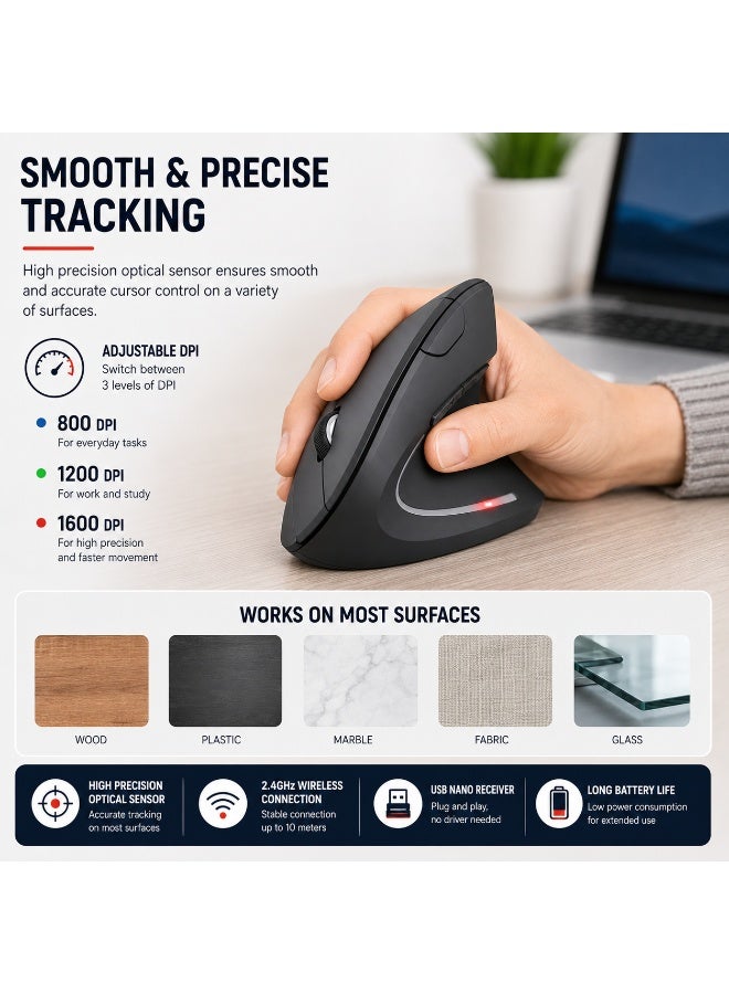 Jedel W925 Vertical Ergonomic Wireless Mouse | 2.4GHz Wireless | 800·1200·1600 DPI | 6 Buttons | Silent Click | Black