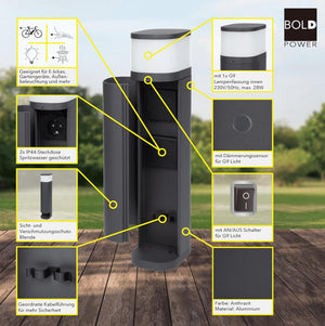 BOLD 19646 Volo Outdoor Socket Column — IP44, 2x Schuko, Twilight Sensor