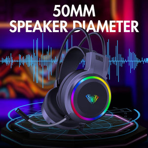 AULA S608 RGB Gaming Headset | 50mm Drivers · 20Hz–20kHz | 3.5mm Audio + USB RGB Power | 21Ω · 115dB | 2.1m Cable · 290g | Black