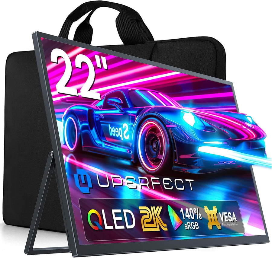 UPERFECT 22 inch 2K QLED portable monitor with carrying case and fold-out stand