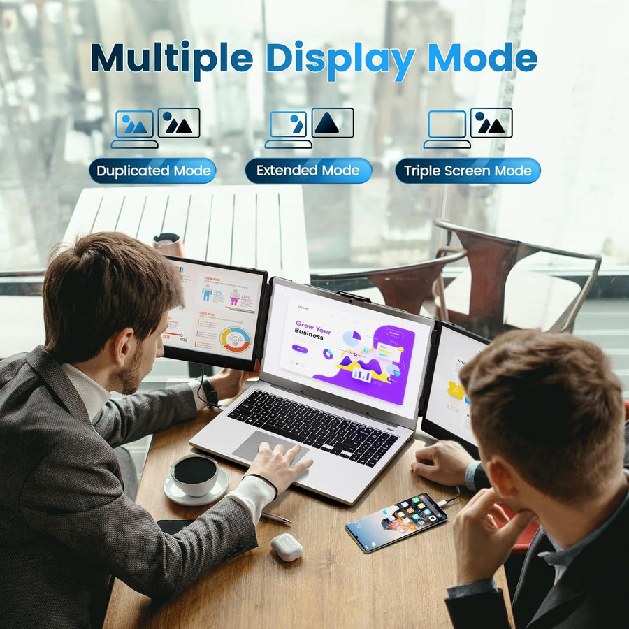 Domyfan S2 | 14" Triple Portable Monitor for Laptop | Dual FHD IPS Screen Extender | HDMI/USB-C/USB-A | Built-in Speakers | For 13.3"-17" Laptops