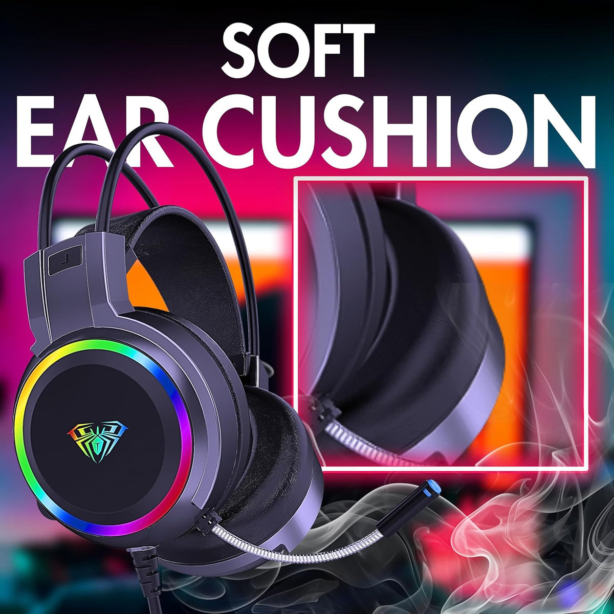 AULA S608 RGB Gaming Headset | 50mm Drivers · 20Hz–20kHz | 3.5mm Audio + USB RGB Power | 21Ω · 115dB | 2.1m Cable · 290g | Black