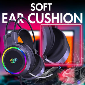 AULA S608 RGB Gaming Headset | 50mm Drivers · 20Hz–20kHz | 3.5mm Audio + USB RGB Power | 21Ω · 115dB | 2.1m Cable · 290g | Black