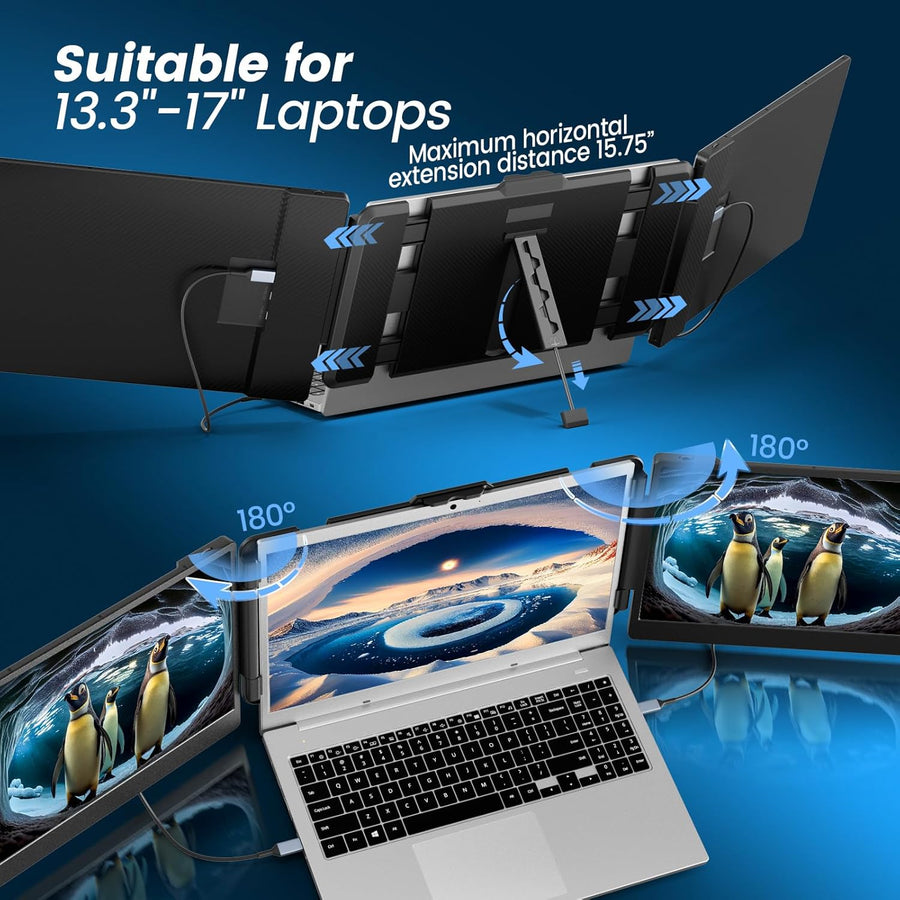 Domyfan S2 | 14" Triple Portable Monitor for Laptop | Dual FHD IPS Screen Extender | HDMI/USB-C/USB-A | Built-in Speakers | For 13.3"-17" Laptops