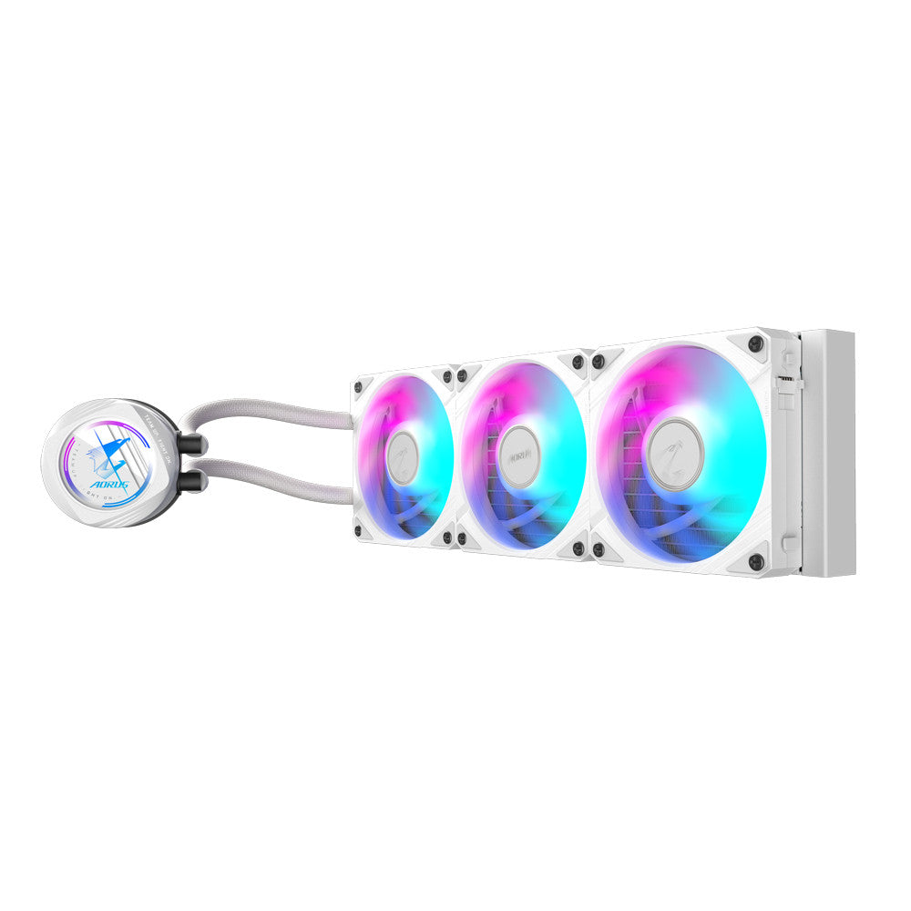Gigabyte AORUS WATERFORCE II 360 ICE ARGB 360mm AIO Liquid CPU Cooler | 3× 120mm ARGB EZ-Chain · 800-2300 RPM · 64.95 CFM | Copper Block · 330° Rotatable · Pump 1600-3400 RPM | LGA1851/1700 · AM5/AM4 | White