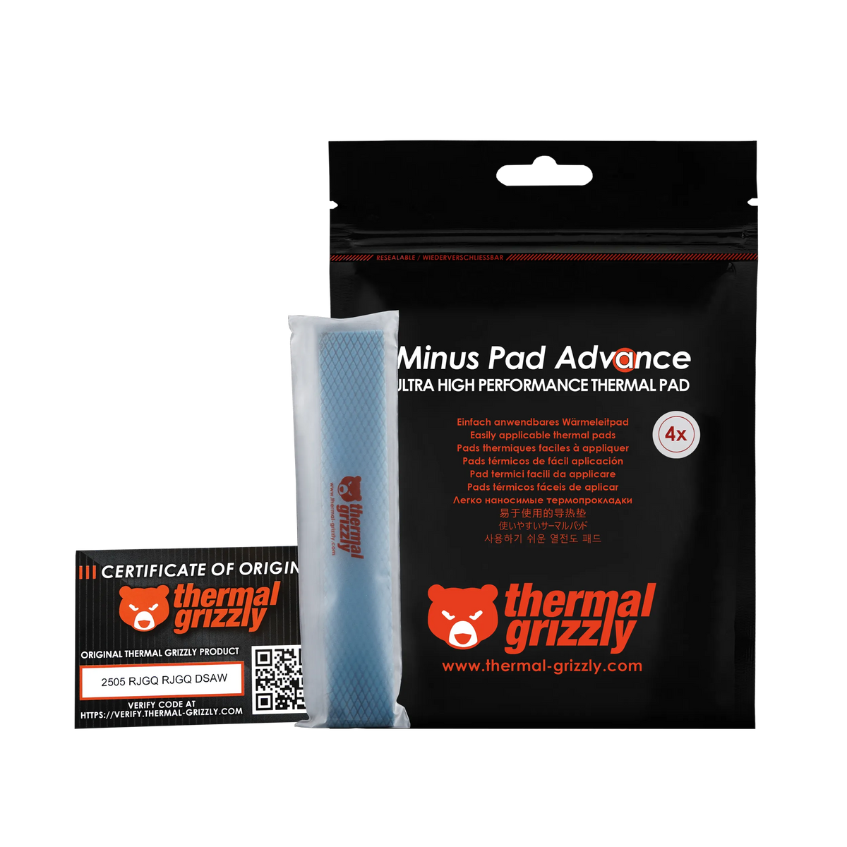 Thermal Grizzly Minus Pad Advance TG-MP-A-120-20-20-4 Thermal Pad | 120 × 20 × 2.0 mm | 4 Pieces · 9,600 mm² | Electrically Non-Conductive | Black
