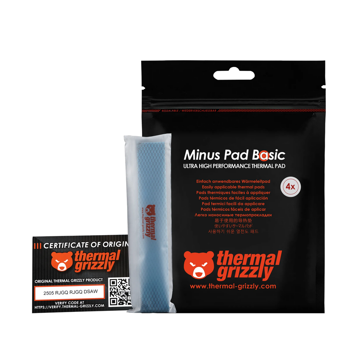 Thermal Grizzly Minus Pad Basic TG-MP-B-120-20-10-4 Thermal Pad | 120 × 20 × 1.0 mm | 4 Pieces · 9,600 mm² | Electrically Non-Conductive | Black