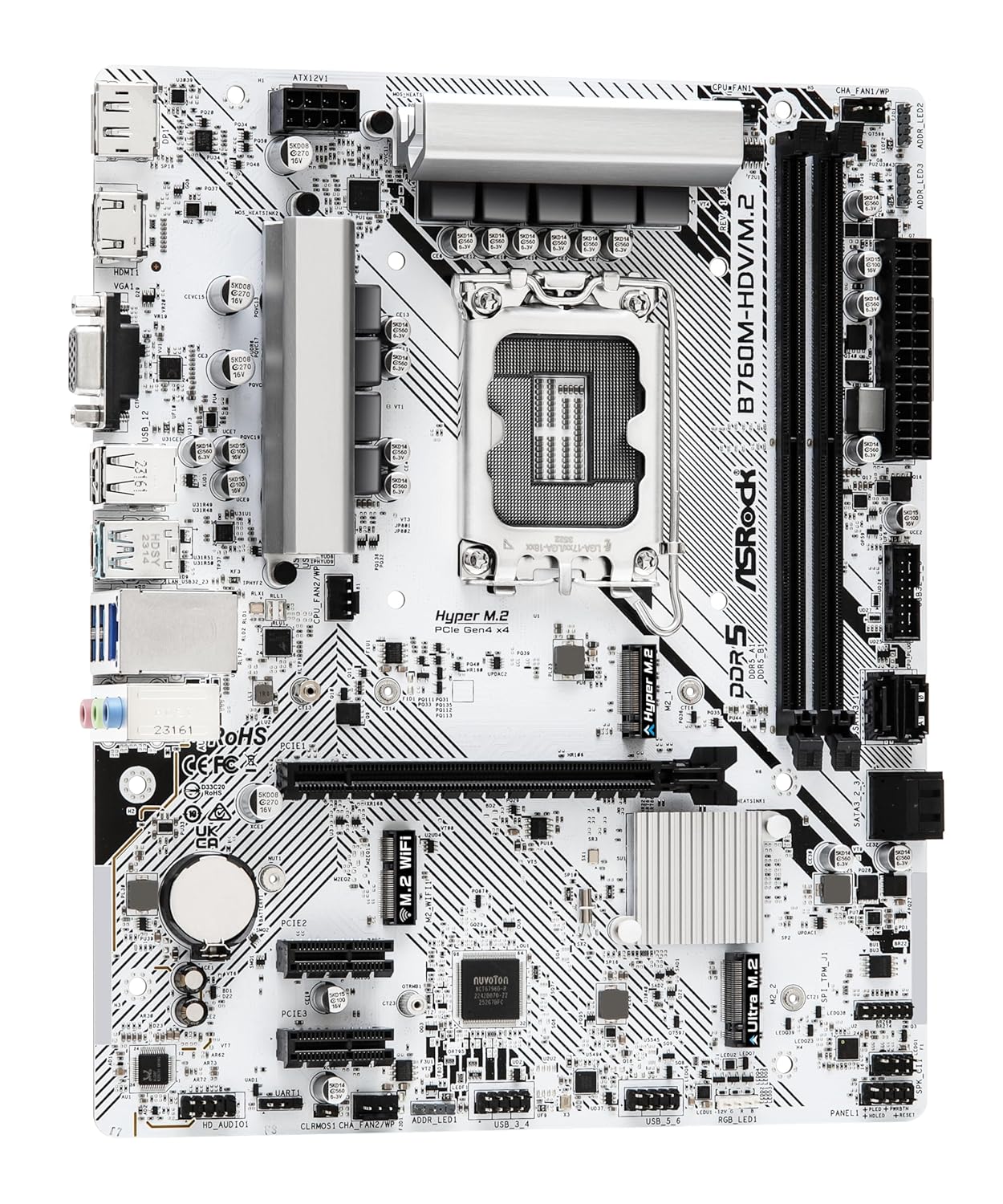 ASRock B760M-HDV/M.2 | Intel LGA 1700 Micro-ATX Motherboard | DDR5 7200+ | PCIe 4.0 | Hyper M.2 (Gen4) + Ultra M.2 | Triple Display Output | Dragon 2.5G LAN | For Intel 12th/13th/14th Gen | White/Black