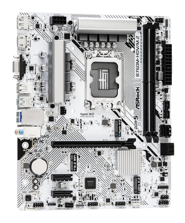 ASRock B760M-HDV/M.2 | Intel LGA 1700 Micro-ATX Motherboard | DDR5 7200+ | PCIe 4.0 | Hyper M.2 (Gen4) + Ultra M.2 | Triple Display Output | Dragon 2.5G LAN | For Intel 12th/13th/14th Gen | White/Black