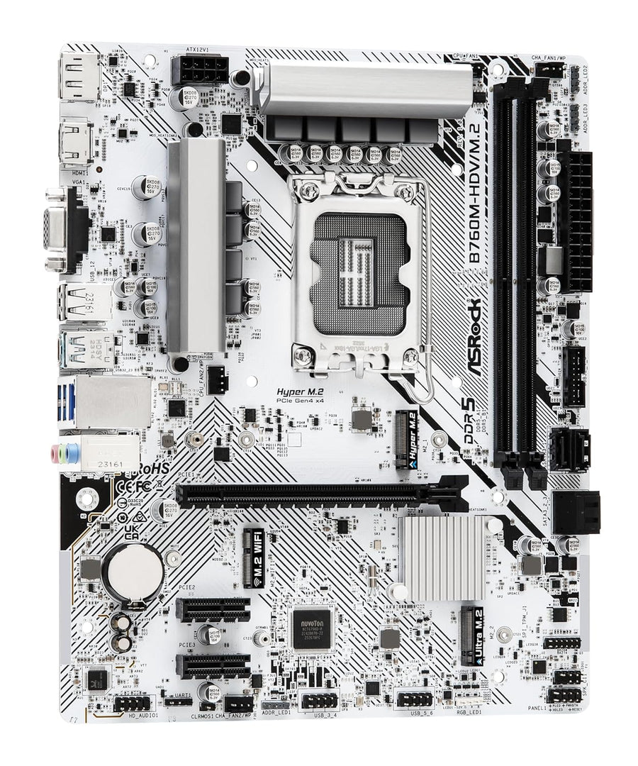 ASRock B760M-HDV/M.2 | Intel LGA 1700 Micro-ATX Motherboard | DDR5 7200+ | PCIe 4.0 | Hyper M.2 (Gen4) + Ultra M.2 | Triple Display Output | Dragon 2.5G LAN | For Intel 12th/13th/14th Gen | White/Black