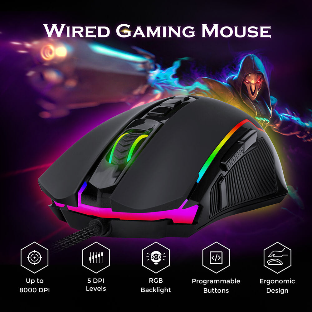 Redragon M910 RGB Gaming Mouse | PMW 3104 Optical Sensor | Up to 8000 DPI | 9 Programmable Buttons with Rapid Fire | 125-1000Hz Polling Rate | 5 Memory Modes | RGB Backlight