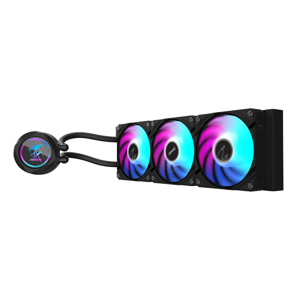 Gigabyte AORUS WATERFORCE II 360 ARGB 360mm AIO Liquid CPU Cooler | 3× 120mm ARGB EZ-Chain · 800-2300 RPM · 64.95 CFM | Copper Block · 330° Rotatable · Pump 1600-3400 RPM | LGA1851/1700 · AM5/AM4 | Black