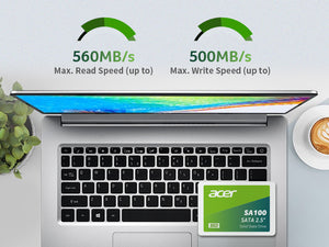 Acer SA100 240GB 2.5-inch SATA III Internal SSD | 549 MB/s Read · 449 MB/s Write | 3D NAND · 80 TBW | SATA 6Gb/s · 100 × 70 × 6.7 mm | 3-Year Limited Warranty