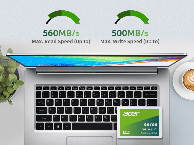 Acer SA100 240GB 2.5-inch SATA III Internal SSD | 549 MB/s Read · 449 MB/s Write | 3D NAND · 80 TBW | SATA 6Gb/s · 100 × 70 × 6.7 mm | 3-Year Limited Warranty