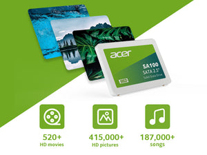 Acer SA100 240GB 2.5-inch SATA III Internal SSD | 549 MB/s Read · 449 MB/s Write | 3D NAND · 80 TBW | SATA 6Gb/s · 100 × 70 × 6.7 mm | 3-Year Limited Warranty