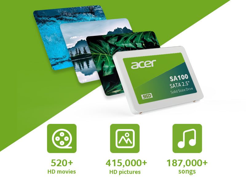 Acer SA100 240GB 2.5-inch SATA III Internal SSD | 549 MB/s Read · 449 MB/s Write | 3D NAND · 80 TBW | SATA 6Gb/s · 100 × 70 × 6.7 mm | 3-Year Limited Warranty