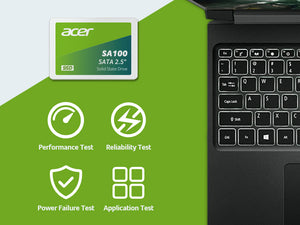 Acer SA100 240GB 2.5-inch SATA III Internal SSD | 549 MB/s Read · 449 MB/s Write | 3D NAND · 80 TBW | SATA 6Gb/s · 100 × 70 × 6.7 mm | 3-Year Limited Warranty