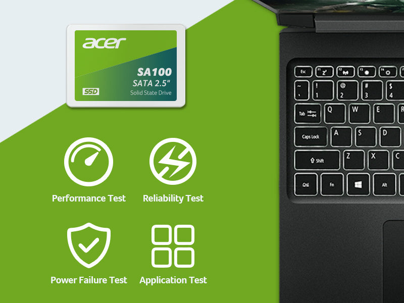 Acer SA100 240GB 2.5-inch SATA III Internal SSD | 549 MB/s Read · 449 MB/s Write | 3D NAND · 80 TBW | SATA 6Gb/s · 100 × 70 × 6.7 mm | 3-Year Limited Warranty