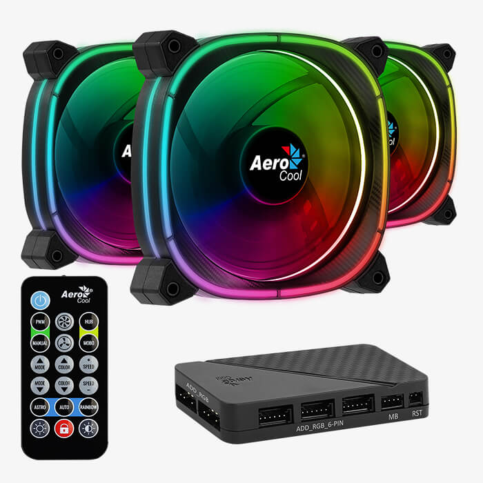 Aerocool Astro 12 Pro 120mm ARGB Case Fan Kit | 3-Pack · H66F Hub · RF Remote | 1000 RPM · 42.1 CFM · 1.68 mmH2O · 17.5 dBA | Hydraulic Bearing · 6-Pin | Black