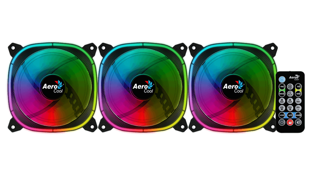 Aerocool Astro 12 Pro 120mm ARGB Case Fan Kit | 3-Pack · H66F Hub · RF Remote | 1000 RPM · 42.1 CFM · 1.68 mmH2O · 17.5 dBA | Hydraulic Bearing · 6-Pin | Black