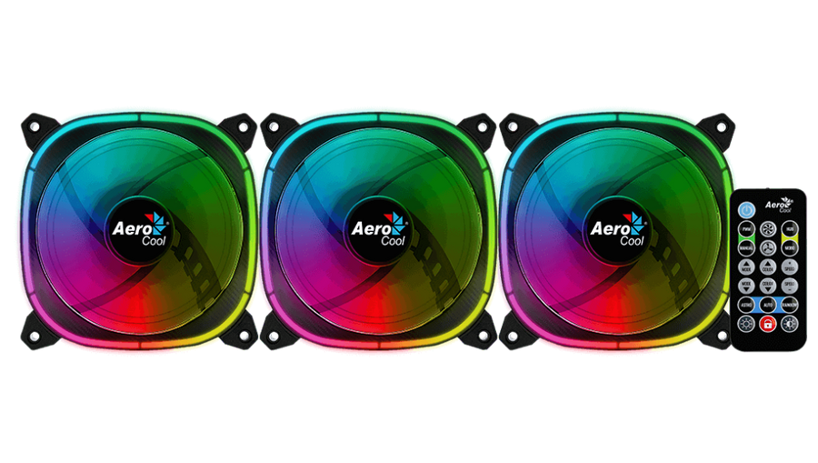 Aerocool Astro 12 Pro 120mm ARGB Case Fan Kit | 3-Pack · H66F Hub · RF Remote | 1000 RPM · 42.1 CFM · 1.68 mmH2O · 17.5 