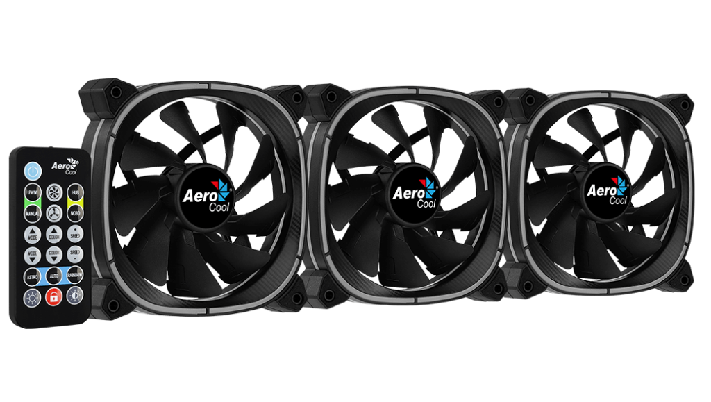 Aerocool Astro 12 Pro 120mm ARGB Case Fan Kit | 3-Pack · H66F Hub · RF Remote | 1000 RPM · 42.1 CFM · 1.68 mmH2O · 17.5 dBA | Hydraulic Bearing · 6-Pin | Black