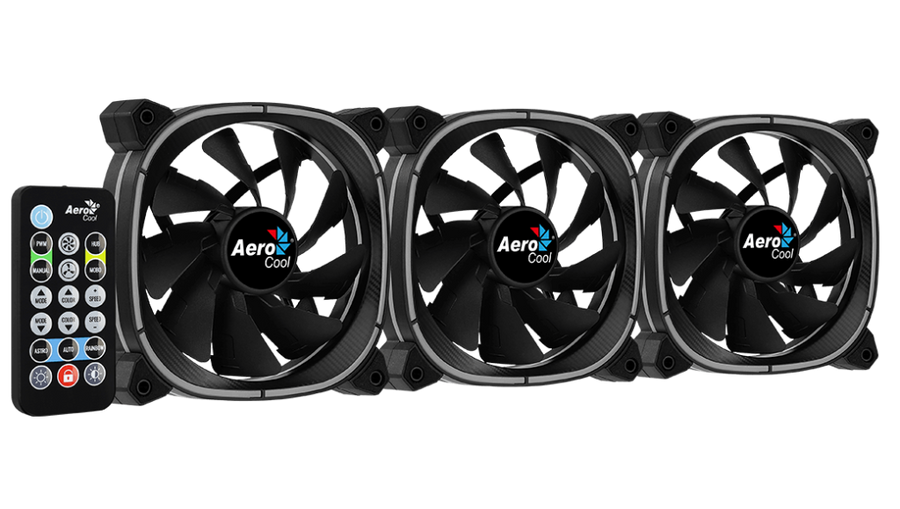 Aerocool Astro 12 Pro 120mm ARGB Case Fan Kit | 3-Pack · H66F Hub · RF Remote | 1000 RPM · 42.1 CFM · 1.68 mmH2O · 17.5 
