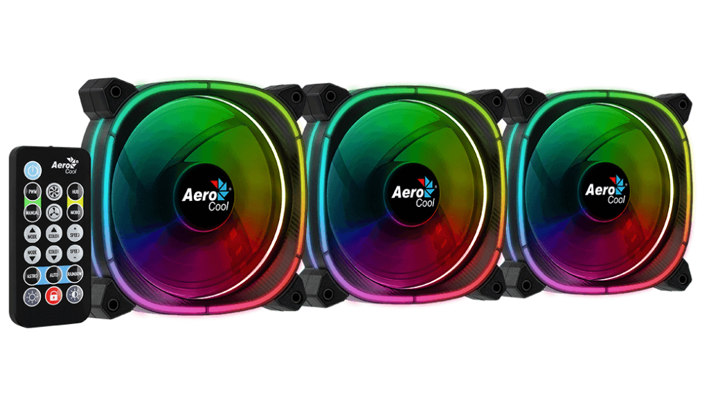Aerocool Astro 12 Pro 120mm ARGB Case Fan Kit | 3-Pack · H66F Hub · RF Remote | 1000 RPM · 42.1 CFM · 1.68 mmH2O · 17.5 dBA | Hydraulic Bearing · 6-Pin | Black