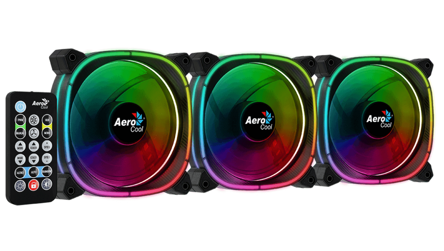 Aerocool Astro 12 Pro 120mm ARGB Case Fan Kit | 3-Pack · H66F Hub · RF Remote | 1000 RPM · 42.1 CFM · 1.68 mmH2O · 17.5 