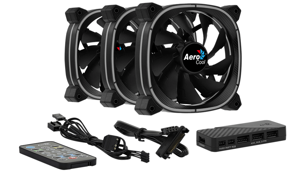 Aerocool Astro 12 Pro 120mm ARGB Case Fan Kit | 3-Pack · H66F Hub · RF Remote | 1000 RPM · 42.1 CFM · 1.68 mmH2O · 17.5 dBA | Hydraulic Bearing · 6-Pin | Black
