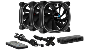 Aerocool Astro 12 Pro 120mm ARGB Case Fan Kit | 3-Pack · H66F Hub · RF Remote | 1000 RPM · 42.1 CFM · 1.68 mmH2O · 17.5 dBA | Hydraulic Bearing · 6-Pin | Black