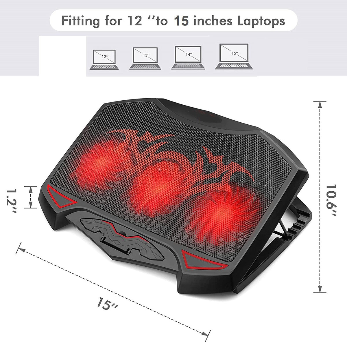 B-TWO Gaming Laptop Cooling Pad Stand | 3 × Red LED Fans | 2 × USB Ports | Up to 15.6-inch Laptops | Black