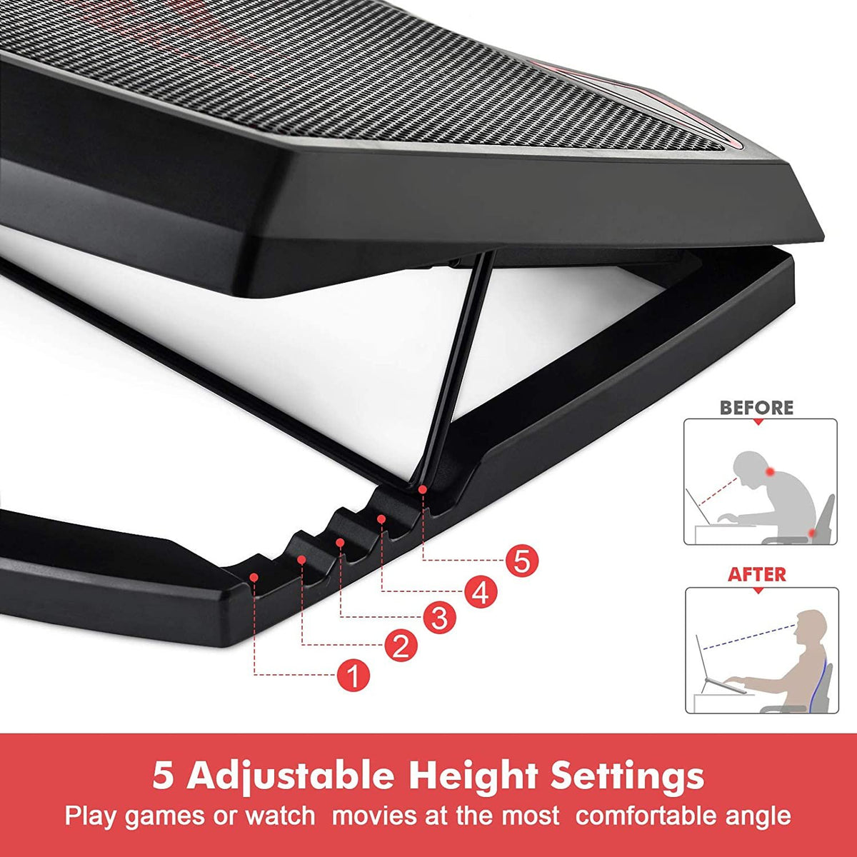 B-TWO Gaming Laptop Cooling Pad Stand | 3 × Red LED Fans | 2 × USB Ports | Up to 15.6-inch Laptops | Black