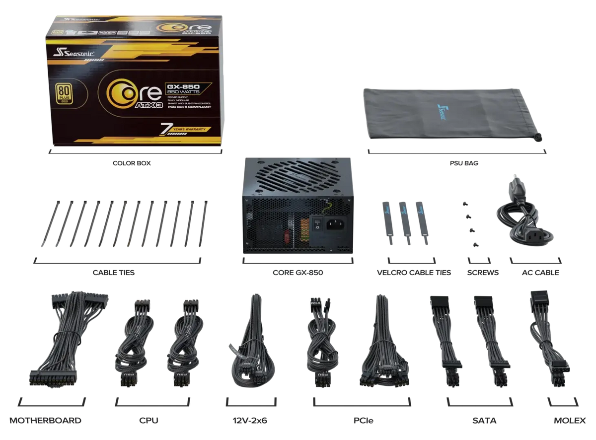 Seasonic CORE GX-850 V2 850W ATX Power Supply | 80 PLUS Gold · Cybenetics Platinum | ATX 3.1 · PCIe 5.1 · 12V-2x6 600W | Fully Modular | 120 mm HDB Fan | 7-Year Warranty | Black