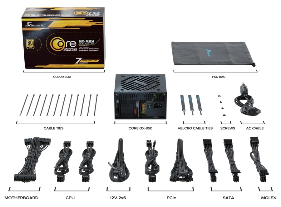 Seasonic CORE GX-850 V2 850W ATX Power Supply | 80 PLUS Gold · Cybenetics Platinum | ATX 3.1 · PCIe 5.1 · 12V-2x6 600W |