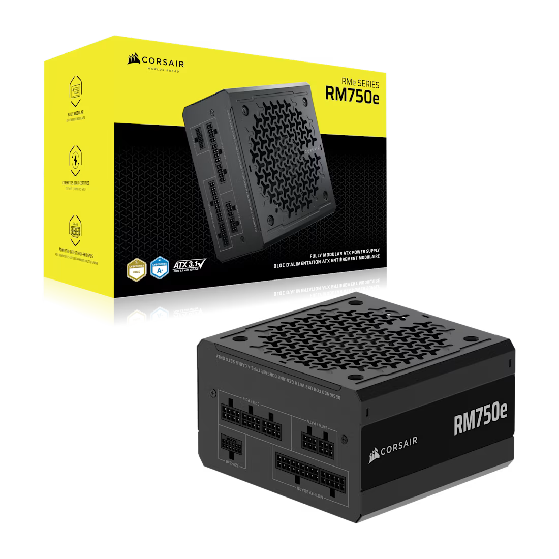 Corsair RM750e Fully Modular Gaming Power Supply 750W Black| No Box | 80+ Gold | ATX 3.1 + PCIe 5.1 | Native 12V-2x6 Connector | 105°C Capacitors | 120mm Rifle Bearing Fan | Modern Standby | Compact 140mm Depth | NVIDIA RTX 40/50 Ready | No Box