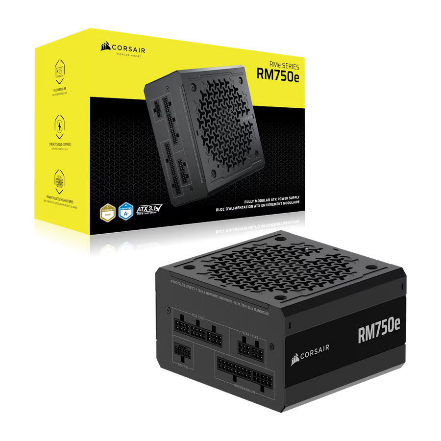 Corsair RM750e Fully Modular Gaming Power Supply 750W Black| No Box | 80+ Gold | ATX 3.1 + PCIe 5.1 | Native 12V-2x6 Connector | 105°C Capacitors | 120mm Rifle Bearing Fan | Modern Standby | Compact 140mm Depth | NVIDIA RTX 40/50 Ready | No Box