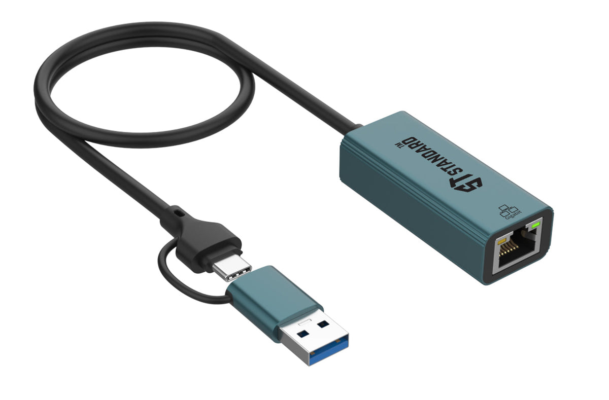 ST-Standard ST-UE106+ USB-C · USB 3.0 to Gigabit Ethernet Adapter | RJ45 10/100/1000 Mbps | 500 mm cable · Aluminium Alloy + PVC | 56.5 × 24 × 16.5 mm